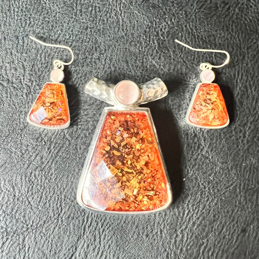 Faux Amber Rose Quartz Resin Silver Tone Pendant Earring Jewelry Set  Whimsigoth
